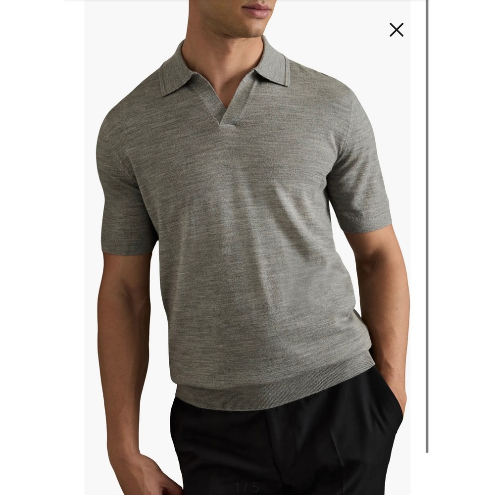 Reiss Mens XL Grey 100% Merino Wool Short Sleeve Open Collar Knit Polo Shirt